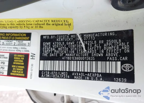 2013 Toyota Avalon Hybrid Limited z USA, uszkodzony, nr VIN 4T1BD1EB8DU013635